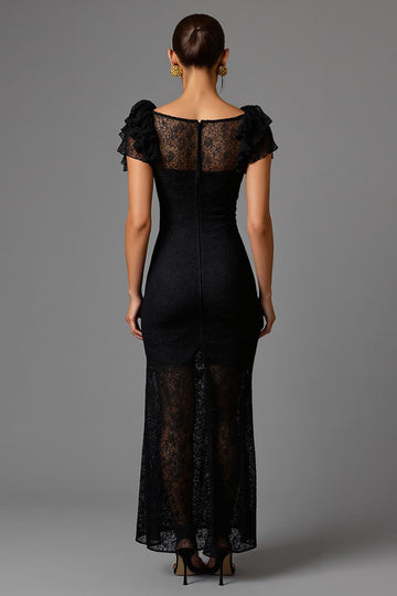 Black Lace Sheath Long Formal Dress with Ruffles